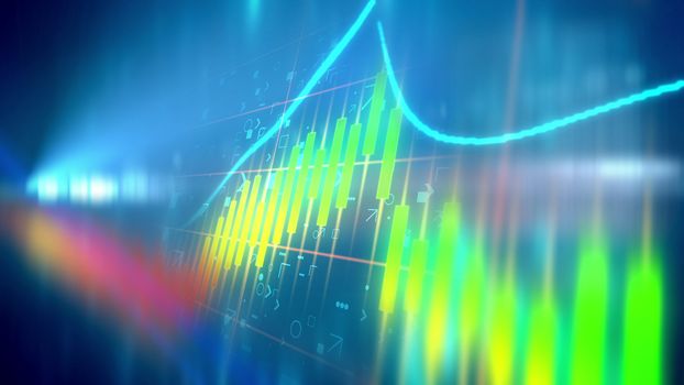 Amazing 3d illustration of a multicolored business line chart taken aslant in the light blue background with some signs put behind. The rainbow looking blot decorates the illustration.