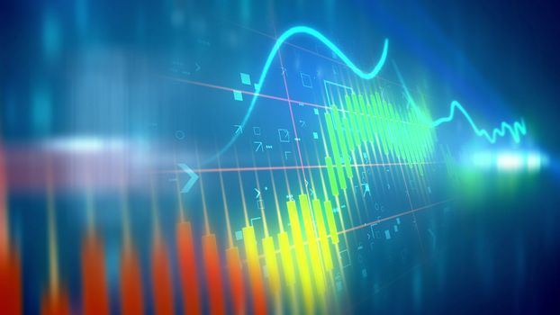 Striking 3d rendering of a multicolored business line chart taken aslant with a fluctuating index line in the light blue background with some signs. The chart columns are orange, yellow and blue.