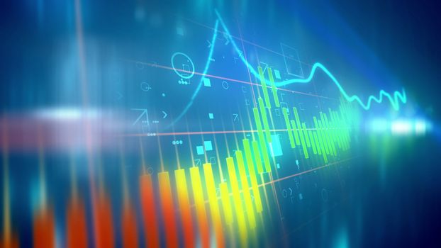 3d illustration of a colorful business line chart presented diagonally with a choppy index having soaring and plummeting periods in the blue background. The chart bars are orange, yellow and blue.