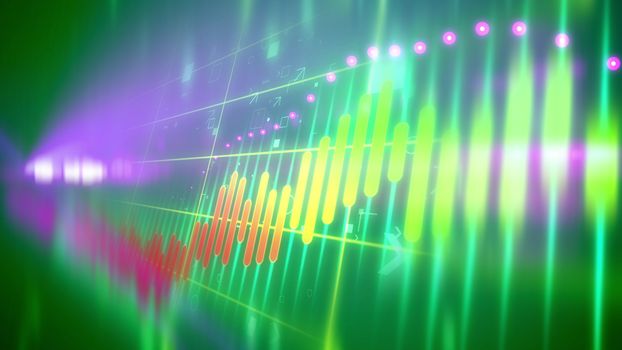 Dazzling 3d rendering of a multicolored business line chart placed aslant with pink spots at index line in the blue, violet, agreen, background. The chart bars are bright orange, yellow and green.