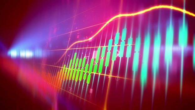 Multicolored 3d illustration of a sparkling business line chart taken aslant with a rising orange index line with blue, green, yellow, charts in the violet background. The spotlight is seen too.