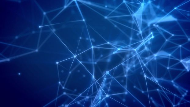 Amazing 3d illustration of some fantasy trip through light blue network with shimmering spots and numerous geomantic figures linked with each other in the light blue background