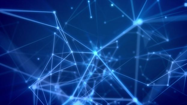 Splendid 3d illustration of a futuristic cyberspace flight through light blue grid with gleaming spots, triangular facets, searchlights,and a network of pyramid looking links in the dark blue backdrop