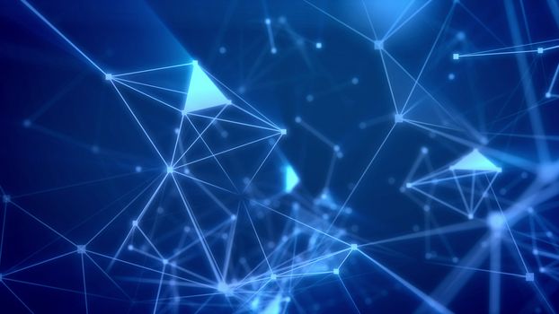 Dreamlike 3d illustration of a fantasy cyberspace trip through light blue network with shimmering spots and lines, triangular facets, crystal structures, spotlights, and a grid in the blue background