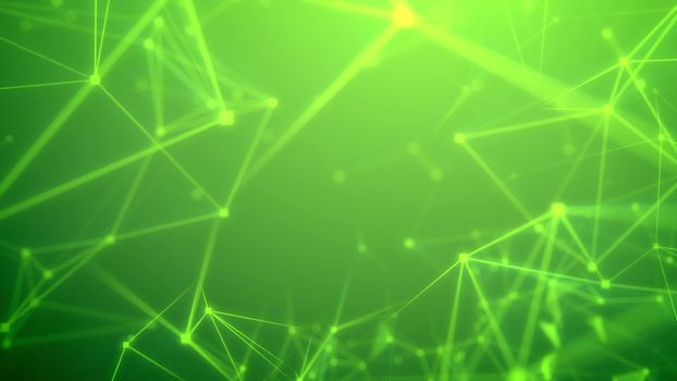 Amazing 3d illustration of some fancy  trip through light green network with shimmering spots and numerous geomantric figures linked with each other in the light green and yellow background