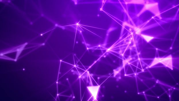 Wonderful 3d rendering of an advanced cyberspace flight through light rosy network with gleaming spots, triangular facets,crystal structures, searchlights, and a grid of links in the violet background