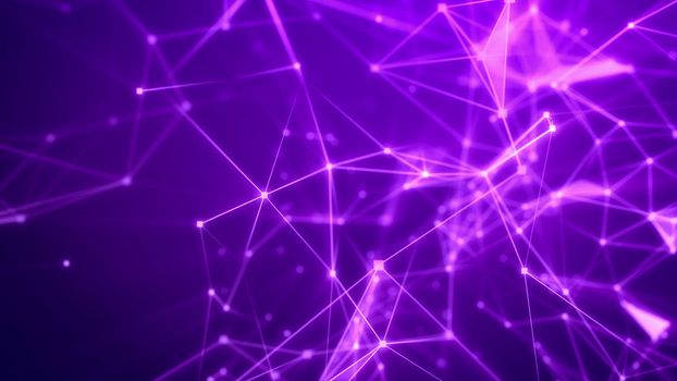 3d illustration of a blurred sci-fi Internet based cyberspace with frequent shining rosy and pink connections, triangular surfaces, dazzling spotlights, crystals, and the bright violet background