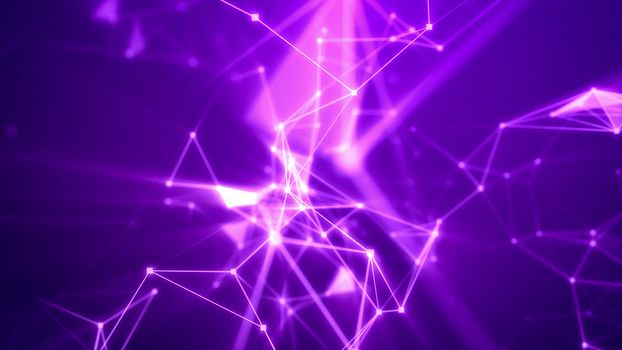 3d rendering of an advanced Internet space trip through light rosy network with shining spots, triangular facets, blurred crystal structures, searchlights, and a grid in the violet background