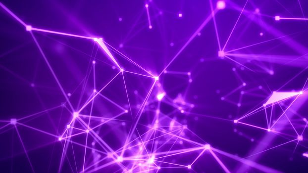 Mystifying 3d rendering of some anvanced futuristic expedition through light pink network with sparkling spots, thin lines, numerous pyramid looking links in the dark violet  background