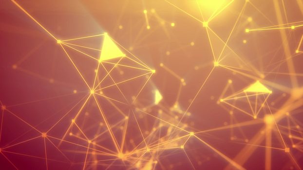 Geek looking 3d illustrationof the dark orange  Internet based space pierced with light yellow rays and connecting with each other in some luminous spots and sparkling crystal-sided surfaces 
