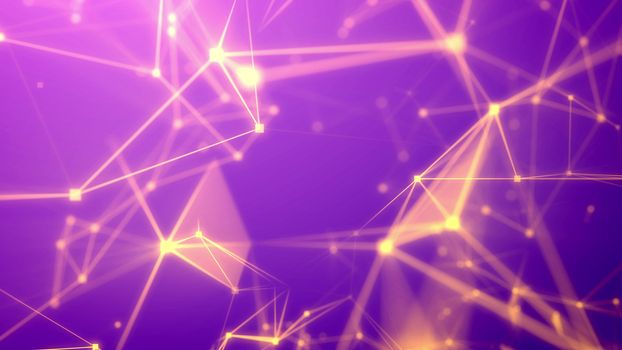Wonderful 3d illustration of a science fiction Internet based system with a lot of dazzling and blurred light rosy and pink lines, multi-sided surfaces, bright spotlights, and the violet background
