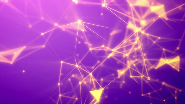 Amazing 3d illustration of a blurred hi-tech Internet based cyberspace with numerous shining yellow connections, triangular areas, luminous spotlights, crystals, and the violet and pink background