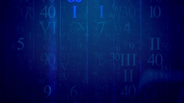 Futuristic 3d illustration of electronic light blue Latin and Arabic digits having different shapes and radiant in the dark blue background like mass medial e-mails in some sci-fi cyber reality