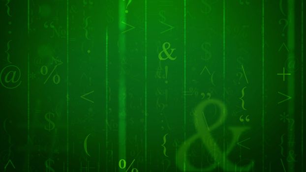 3d rendering of an electronic letter with at-sign, ampersand sign, round, curly and angle brackets , some digits,colons, semicolons,  quillemets, quotation marks, in the dark green background