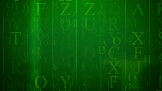 Volumetric  3d  illustration of an electronic mail in cyberspace  with yellow English letters, beaming thin and thick lines, colums, rows,  in the dark green and mulrilayered background