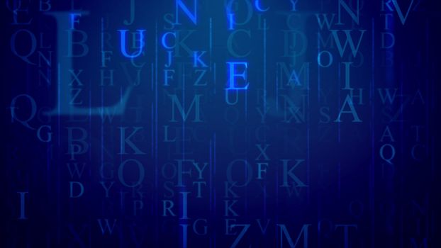 Abstarct  3d rendering of an electronic mail with shining English letters,sparkling thin ans thick lines, of different sizes and shapes in the dark blue background