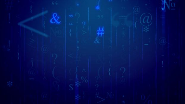 3d ilustration of an electronic letter with at-sign, ampersand sign, round, curly and angle brackets, tilde, some digits, colons, semicolons, quillemets, and so on, in the dark green background