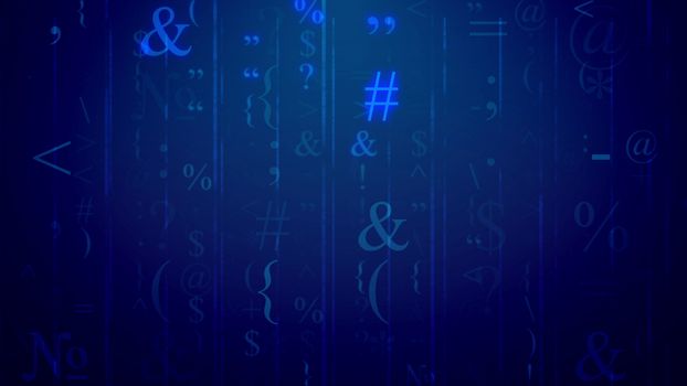 3d ilustration of an electronic mail with at-sign, ampersand sign, percent, round, curly and angle brackets, tilde, some digits, colons, semicolons, dollar, and so on, in the dark violet background