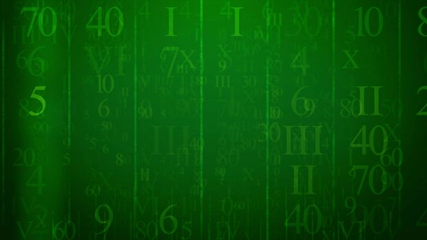 Holographic 3d rendering of a futuristic e mail with shimmering Arabic and Latin digits, dazzling thin and thick lines, of different sizes and shapes, in the dark green cyberspace background