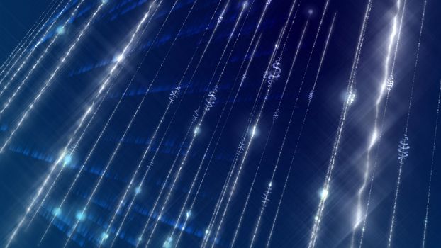 Mesmerising 3d illustration of a computer modeled cyberspace with flare, bows, archs, spirals, plazmoids, lines, united in several networks shot aslant in the dark blue cyberspace background