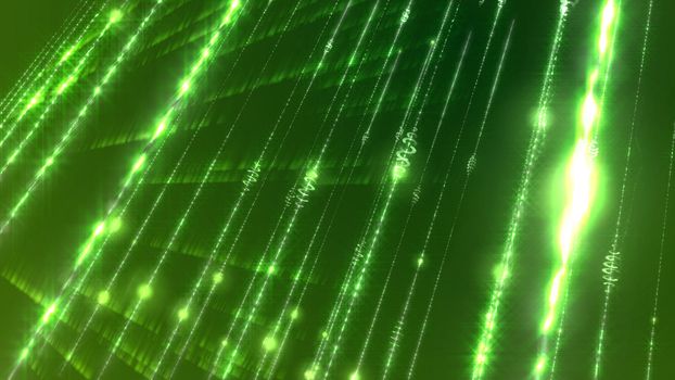 3d illustration of a futuristic cyberspace with plazmoids, spirals, curves, lines, arcs, and blemishes s connected in a number of sparkling networks shot aslant in the dark green cyberspace background