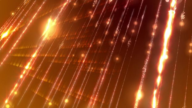 Shimmering 3d rendering of a sci-fi cyberspace with radiance, rays, plazmoids, spots,spirals, curves, arcs, united in a number of beaming grids shot askew in the dark  golden cyberspace background