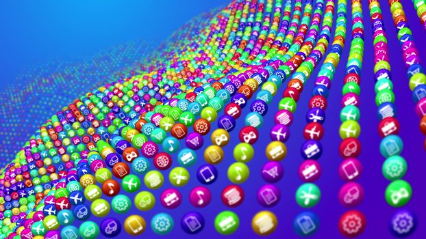 Dreamlike 3d rendering of social media services in billiards balls placed in ocean looking depth. All balls are covered with pictures offering various business services in the light blue background