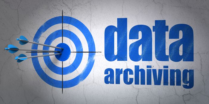 Success Data concept: arrows hitting the center of target, Blue Data Archiving on wall background, 3D rendering