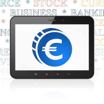 Banking concept: Tablet Computer with  blue Euro Coin icon on display,  Tag Cloud background, 3D rendering