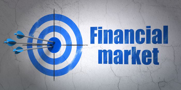 Success currency concept: arrows hitting the center of target, Blue Financial Market on wall background, 3D rendering