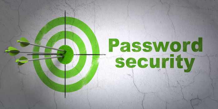 Success privacy concept: arrows hitting the center of target, Green Password Security on wall background, 3D rendering