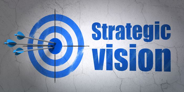 Success business concept: arrows hitting the center of target, Blue Strategic Vision on wall background, 3D rendering