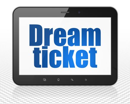 Business concept: Tablet Pc Computer with blue text Dream Ticket on display, 3D rendering