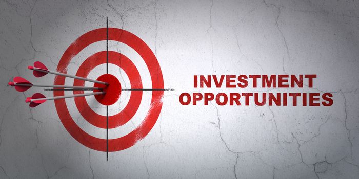 Success business concept: arrows hitting the center of target, Red Investment Opportunities on wall background, 3D rendering