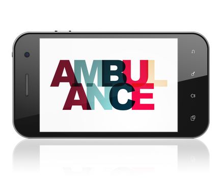 Healthcare concept: Smartphone with Painted multicolor text Ambulance on display, 3D rendering