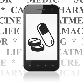 Medicine concept: Smartphone with  black Pills icon on display,  Tag Cloud background, 3D rendering
