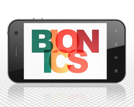 Science concept: Smartphone with Painted multicolor text Bionics on display, 3D rendering