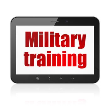 Learning concept: Tablet Computer with  red text Military Training on display,  Tag Cloud background, 3D rendering