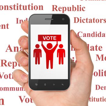 Politics concept: Hand Holding Smartphone with  red Election Campaign icon on display,  Tag Cloud background, 3D rendering