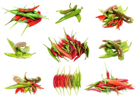 Collection of Various Fresh Shiny Red, Orange and Green Chili Peppers isolated on White background