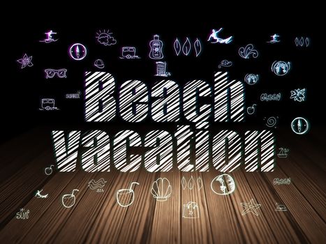 Tourism concept: Glowing text Beach Vacation,  Hand Drawn Vacation Icons in grunge dark room with Wooden Floor, black background