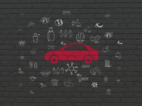 Travel concept: Painted red Car icon on Black Brick wall background with  Hand Drawn Vacation Icons