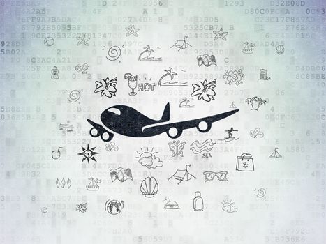 Vacation concept: Painted black Airplane icon on Digital Data Paper background with  Hand Drawn Vacation Icons