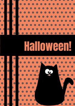 Happy Halloween greeting card with hanging on dash line web spider insect and black funny cat. Cute cartoon character. Flat design Orange polka dot background.