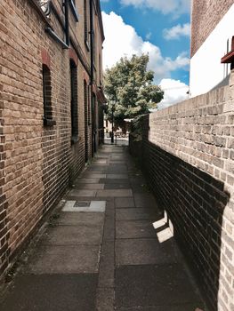 Small brick road on richmond in London. Brick wall and fence near green tree.