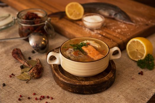 Tasty fish soup - ukha, soup from different fishes and vegetables