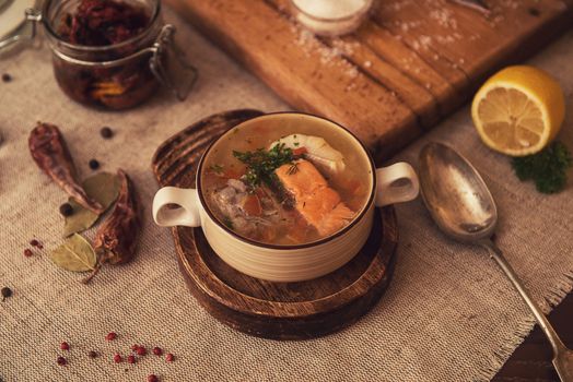 Tasty fish soup - ukha, soup from different fishes and vegetables
