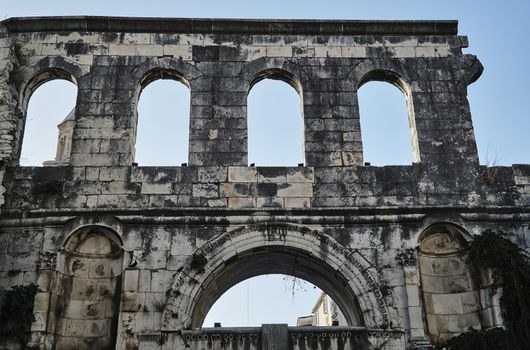 Fragment of ancient buildings of the Diocletian palace in the city of Split, Croatia