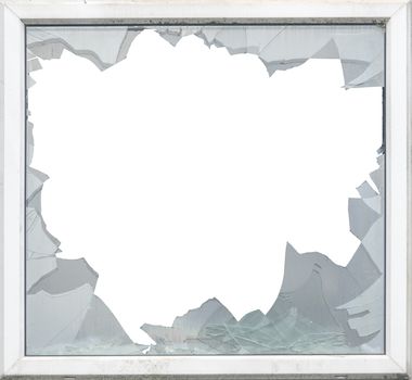 Isolated Smashed Glass In A Window Frame With White Background