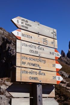 Singpost in the Dolomite mountains, Northern Italy